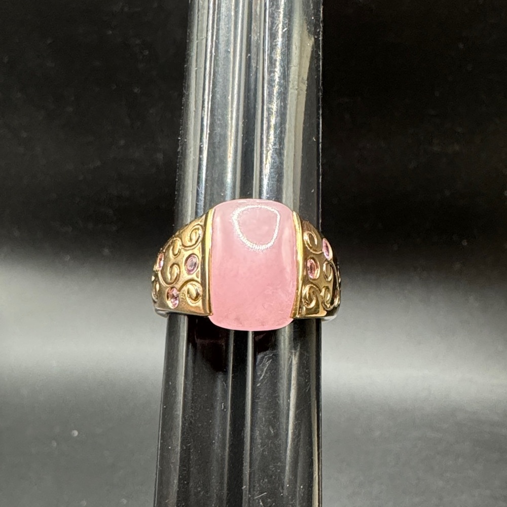 925 Sterling Size 9 Silver Rose Quartz & Pink Sapphire Gold Plated Ring
